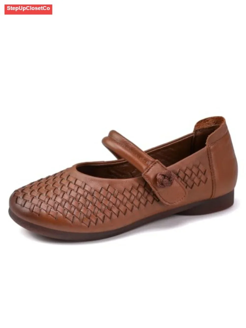 Woven Leather Mary Jane Ballet Flats Round Toe Adjustable Strap